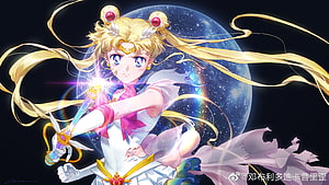 Sailor Moon Eternal Anime Illustration with Sword and Cosmic Moon Background HD wallpaper