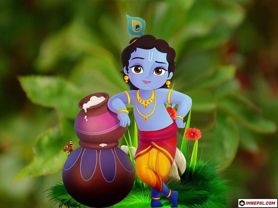 Cute Baby Krishna Holding Butter Pot in Green Forest HD wallpaper