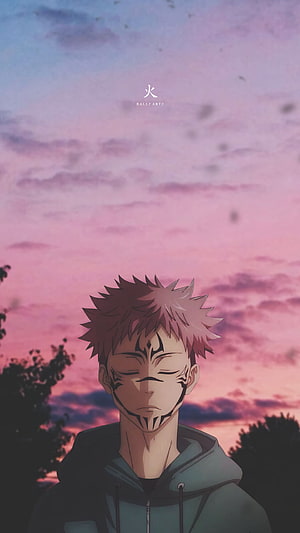 Yuji Itadori with Cursed Mark Under a Pink Sunset Sky in Jujutsu Kaisen Anime Style HD phone wallpaper