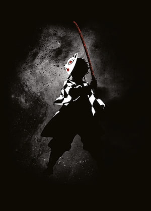 Tanjiro Kamado Wearing Fox Mask With Nichirin Sword In Dark Silhouette HD phone wallpaper