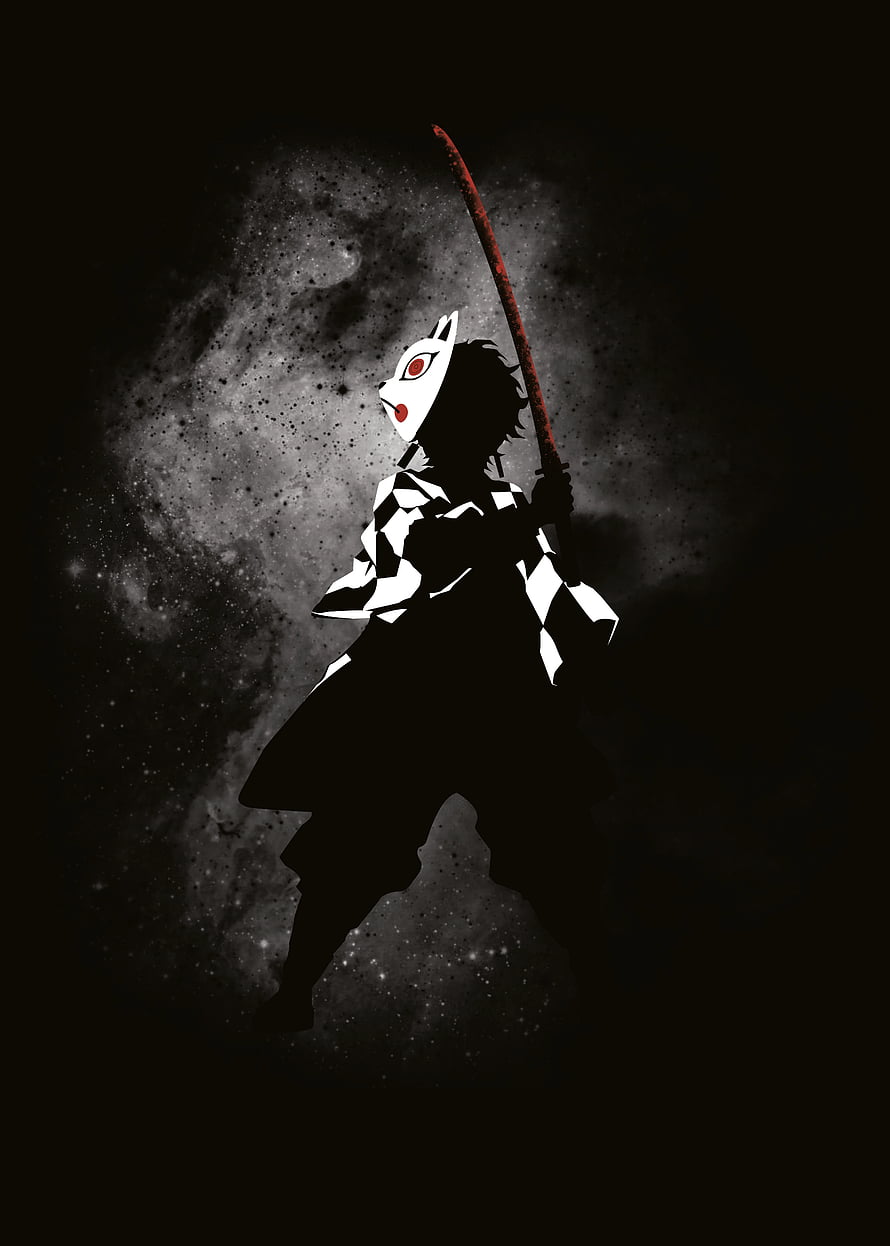 Tanjiro Kamado Wearing Fox Mask With Nichirin Sword In Dark Silhouette HD phone wallpaper