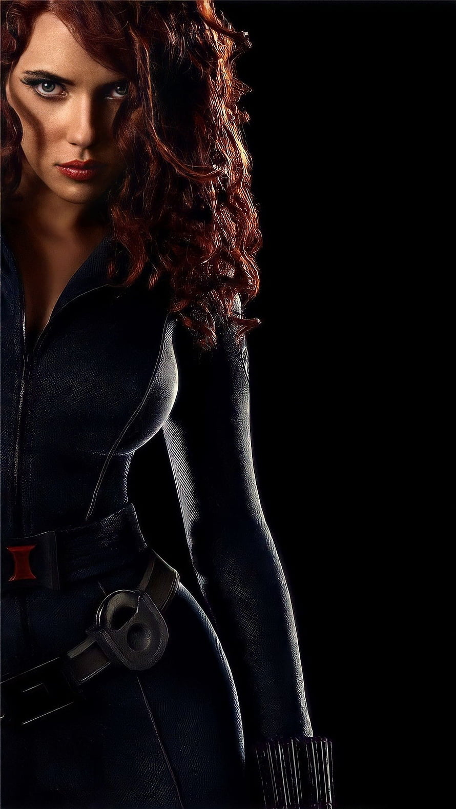 Black Widow in Dark Tactical Suit with Red Hair and Intense Gaze HD phone wallpaper