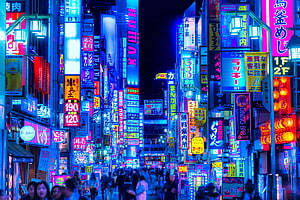Vibrant Neon Lights of Kabukicho Tokyo Night Street Scene HD wallpaper