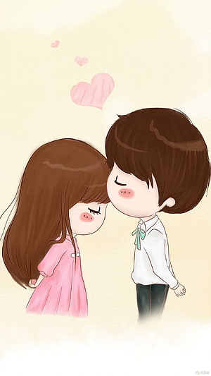 Cute Chibi Cartoon Couple Forehead Kiss with Floating Hearts HD phone wallpaper