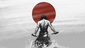 Miyamoto Musashi Dual Wielding Katana Against Red Sun HD wallpaper