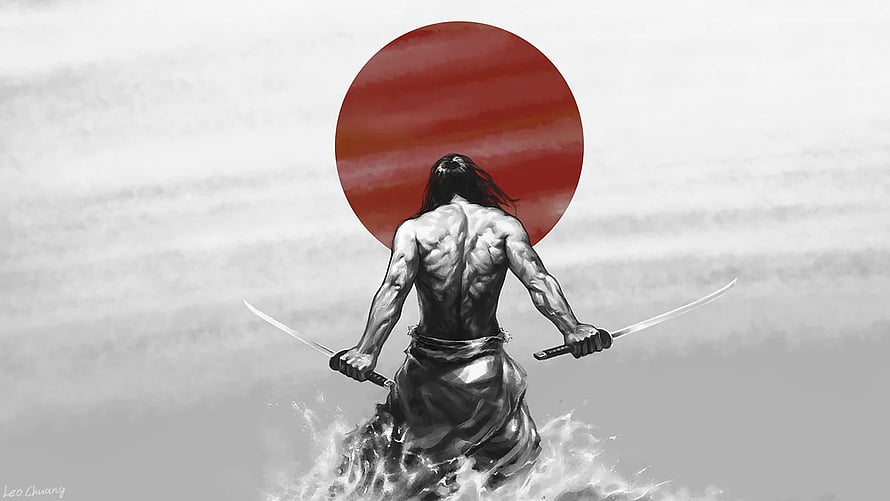 Miyamoto Musashi Dual Wielding Katana Against Red Sun HD wallpaper