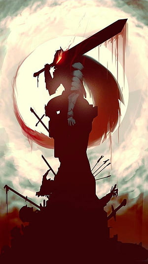 Guts from Berserk manga standing atop a battlefield with a massive sword and glowing red eye HD phone wallpaper