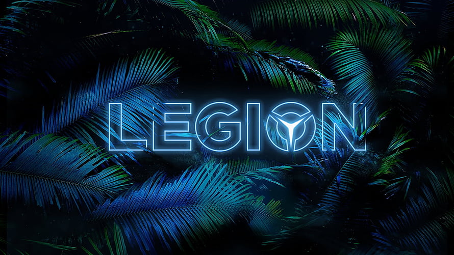 Lenovo Legion Neon Logo on Dark Tropical Palm Leaves Background HD wallpaper