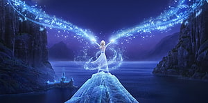 Queen Elsa from Frozen 2 Casting Magical Ice Magic Over a Frozen Fjord at Night HD wallpaper