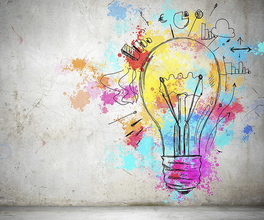 Colorful Lightbulb Sketch with Business Icons on Concrete Wall HD wallpaper