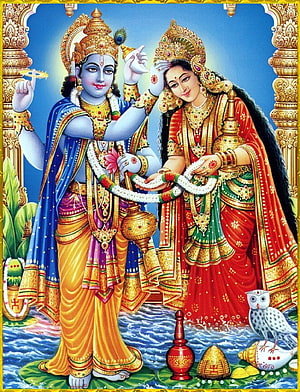 Lord Vishnu and Goddess Lakshmi in Traditional Indian Temple Art HD phone wallpaper