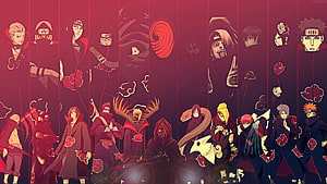 Akatsuki Members Group Portrait in Red Cloud Cloaks Against Dark Crimson Background HD wallpaper