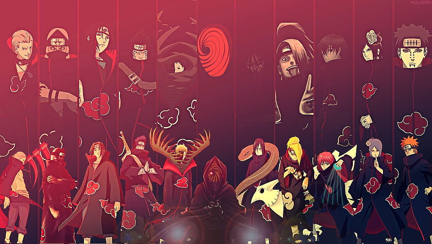 Akatsuki Members Group Portrait in Red Cloud Cloaks Against Dark Crimson Background HD wallpaper
