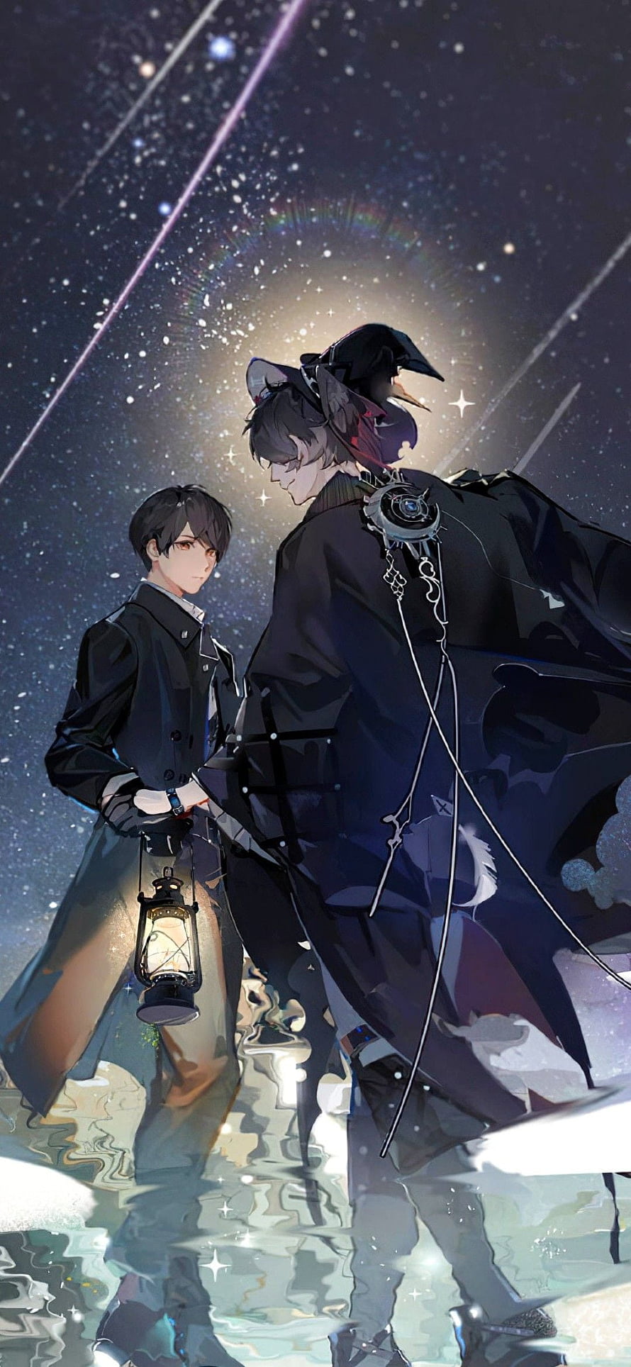 Lord of the Mysteries: Two Characters Under a Starry Sky with Lantern HD phone wallpaper