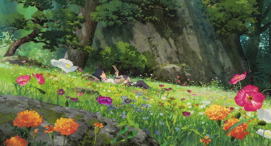 Arrietty Lying in a Vibrant Flower Meadow with Giant Blooms and Lush Greenery HD wallpaper