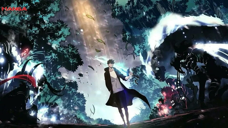 Solo Leveling Shadow Monarch Confronting Dark Beasts in a Rainy Forest HD wallpaper