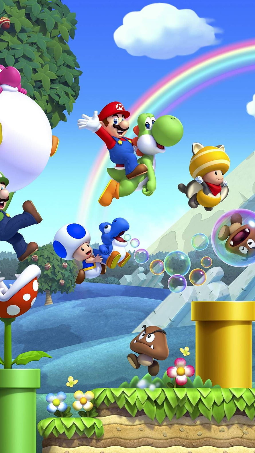 Super Mario Odyssey 3D Artwork Featuring Mario Riding Yoshi, Luigi, Toad, Cat Peach, and Goombas in a Colorful World HD phone wallpaper