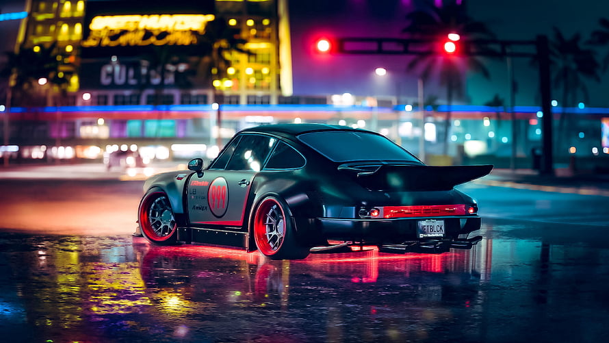 Black Porsche 911 Turbo with Red Underglow in Neon City Night HD wallpaper