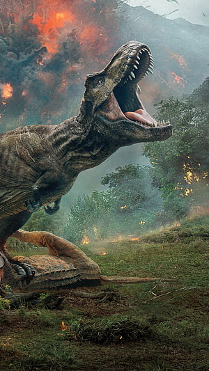 Tyrannosaurus Rex Roaring Amidst Volcanic Eruption in Jurassic World Fallen Kingdom HD phone wallpaper