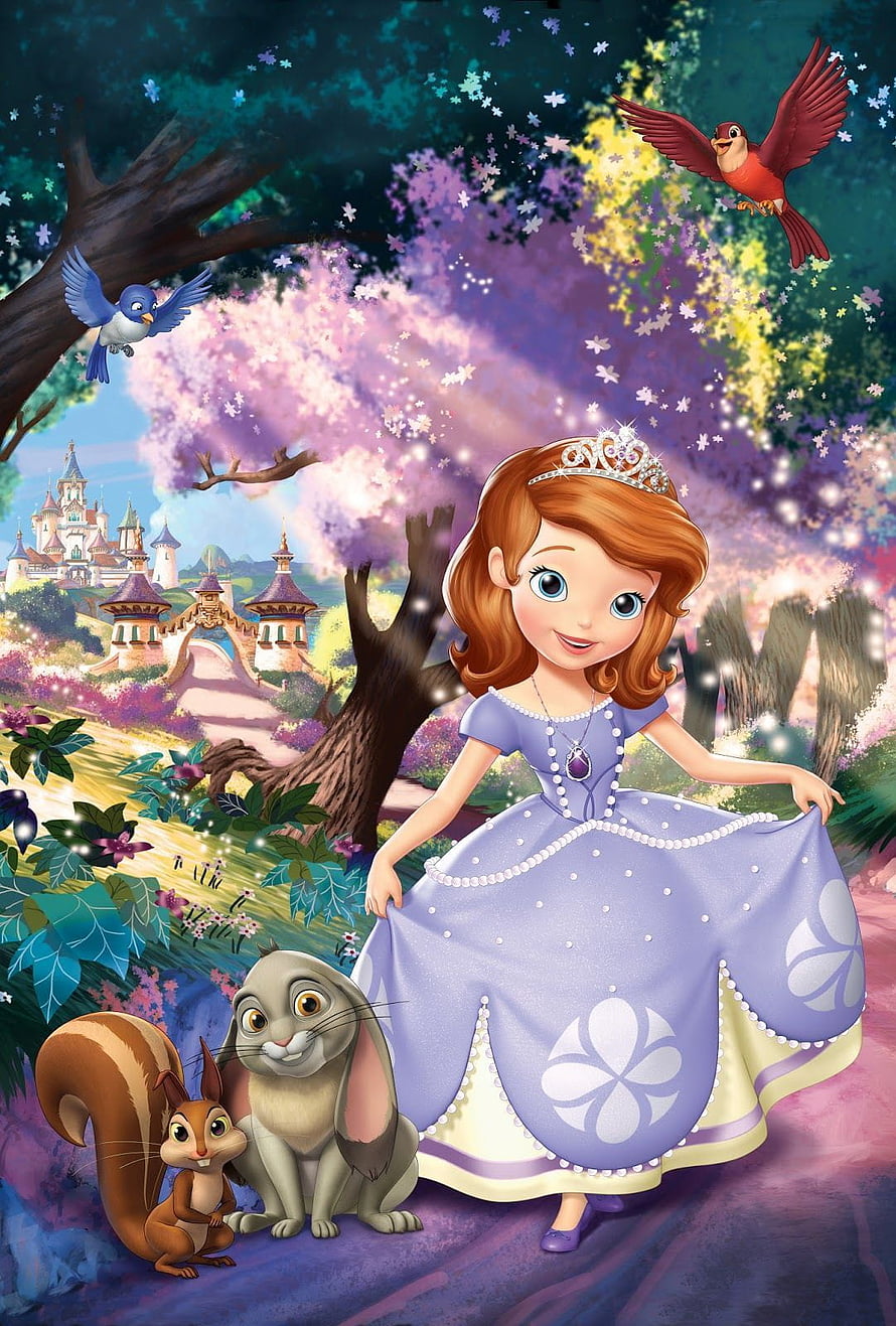 Sofia the First in a purple gown with Clover and James in a magical forest near a castle HD phone wallpaper