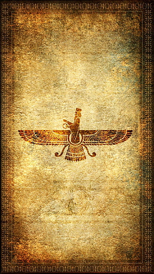 Ancient Persian Faravahar Symbol on Aged Parchment with Ornate Geometric Border HD phone wallpaper