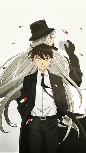Detective Conan Anime Art Featuring Shinichi Kudo and Gin with Floating Pills HD phone wallpaper