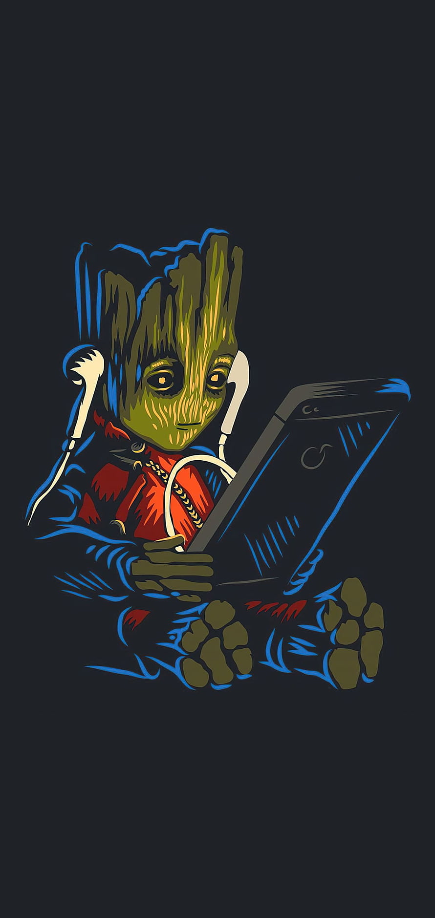 Baby Groot Listening to Music on Smartphone Illustration HD phone wallpaper