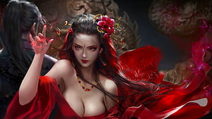 Elegant Asian Woman in Red Hanfu with Floral Hair Ornaments and Mystical Aura, The Spell, spell, digital, art, fantasy, red, , girl, woman, beautiful HD wallpaper