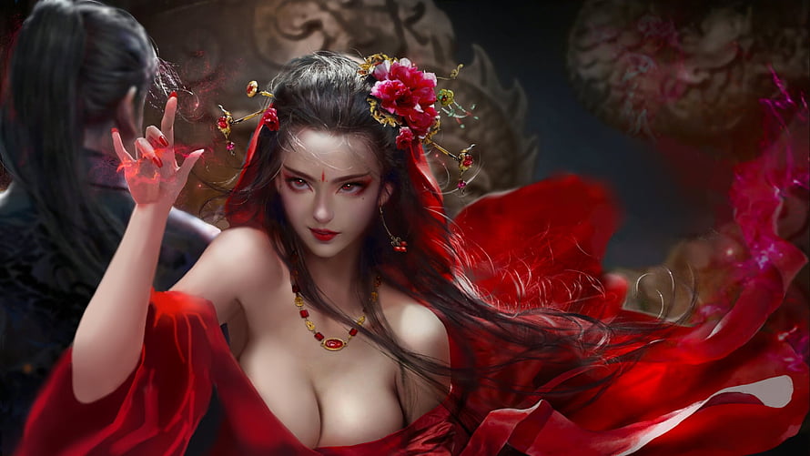 Elegant Asian Woman in Red Hanfu with Floral Hair Ornaments and Mystical Aura, The Spell, spell, digital, art, fantasy, red, , girl, woman, beautiful HD wallpaper