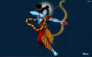Blue-skinned Hindu deity Rama aiming a golden bow and arrow in traditional attire against a dark blue background HD wallpaper
