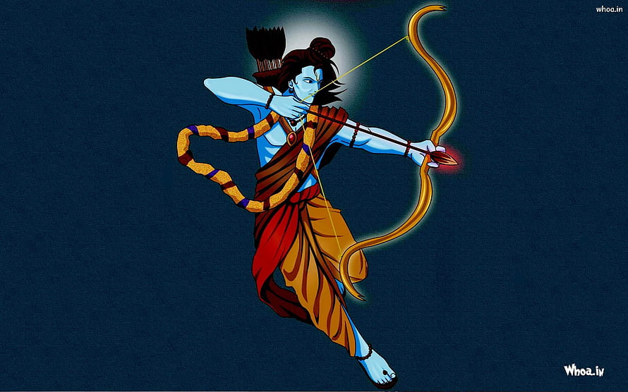 Blue-skinned Hindu deity Rama aiming a golden bow and arrow in traditional attire against a dark blue background HD wallpaper