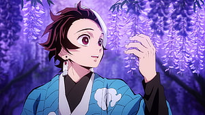 Giyu Tomioka from Demon Slayer Anime Standing Under Purple Wisteria Flowers HD wallpaper