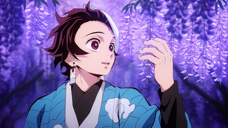 Giyu Tomioka from Demon Slayer Anime Standing Under Purple Wisteria Flowers HD wallpaper