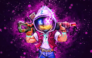 Fortnite Skull Trooper Character with Neon Mask and Assault Rifle HD wallpaper