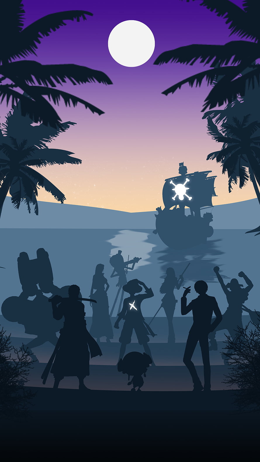 Silhouette of Straw Hat Pirates on Beach at Sunset with Thousand Sunny Ship HD phone wallpaper