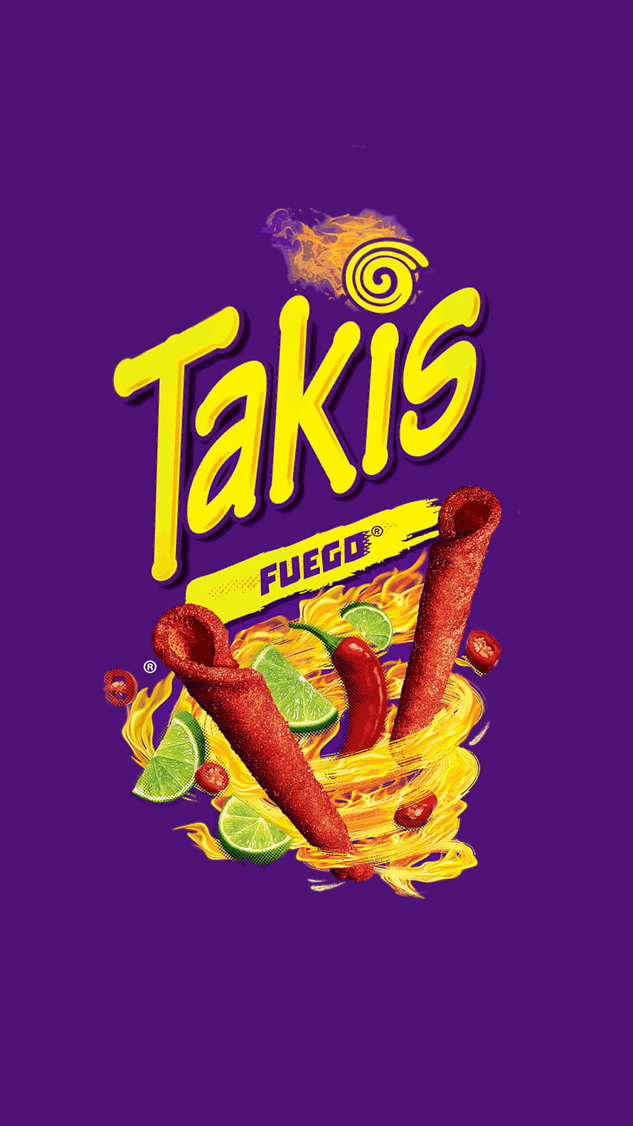 Takis Fuego Spicy Snack Brand Illustration with Flames, Chili Peppers, and Lime Slices on Purple Background HD phone wallpaper