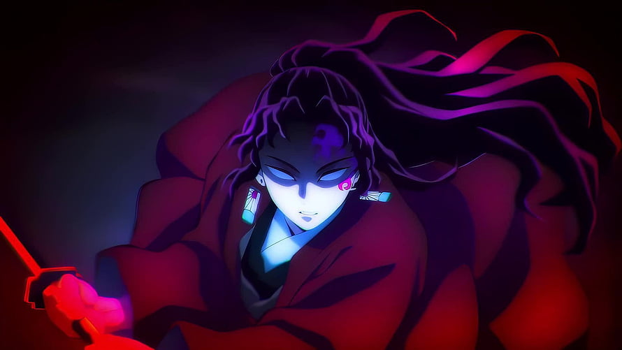Muzan Kibutsuji from Demon Slayer Anime in Dark Red and Purple Neon Lighting HD wallpaper