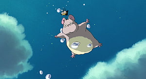Totoro and Soot Sprite Floating in the Sky with Bubbles HD wallpaper