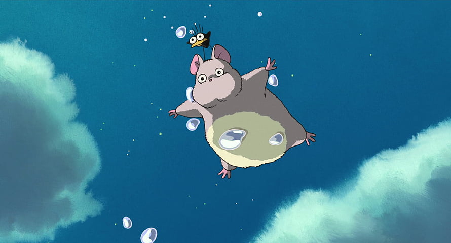 Totoro and Soot Sprite Floating in the Sky with Bubbles HD wallpaper
