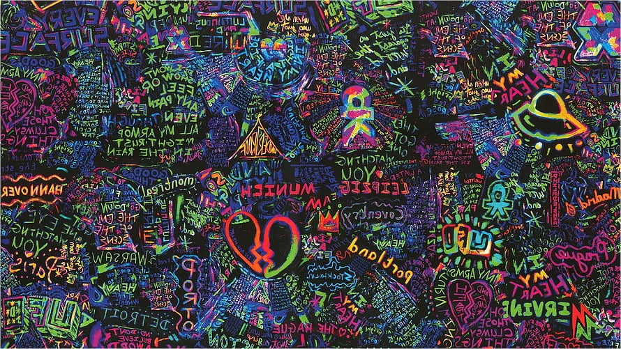 Coldplay Live Concert Neon Graffiti Artwork with Vibrant Text and Symbols HD wallpaper