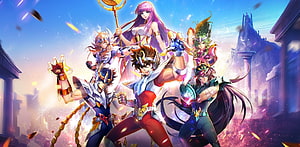 Saint Seiya Awakening anime heroes in golden armor battling on a mythic battlefield HD wallpaper