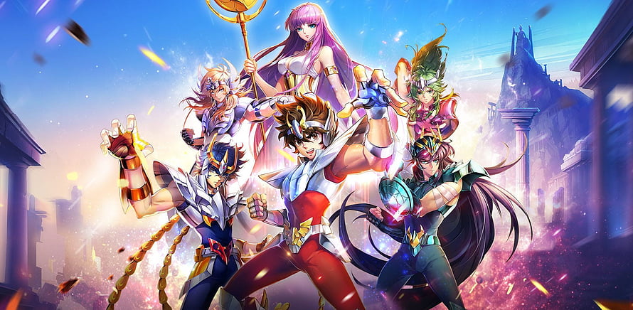 Saint Seiya Awakening anime heroes in golden armor battling on a mythic battlefield HD wallpaper