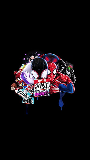 Spider-Man, Miles Morales, Gwen Stacy, and Noir Character Group Illustration, Spider Verse AMOLED, Spider Man Amoled HD phone wallpaper