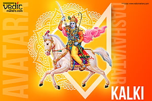 Kalki Avatar of Vishnu Riding White Horse with Sword and Bow HD wallpaper