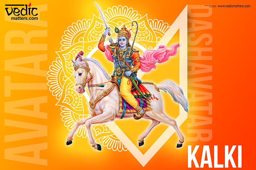 Kalki Avatar of Vishnu Riding White Horse with Sword and Bow HD wallpaper