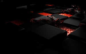 Molten Lava Flowing Through Shattered Black 3D Cubes in Dark Abstract Scene HD wallpaper