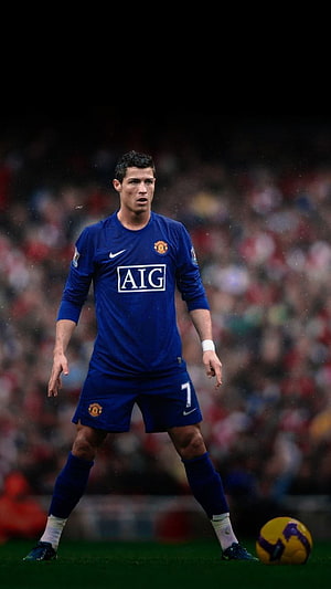 Cristiano Ronaldo in Manchester United Blue Away Kit with AIG Sponsor, Ronaldo, cr7, Cristiano, football HD phone wallpaper