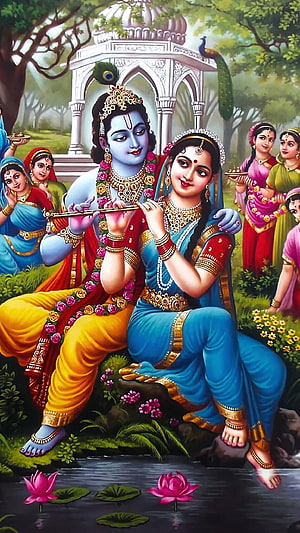 Radha Krishna Playing Flute Together in Divine Garden with Gopis and Peacocks HD phone wallpaper