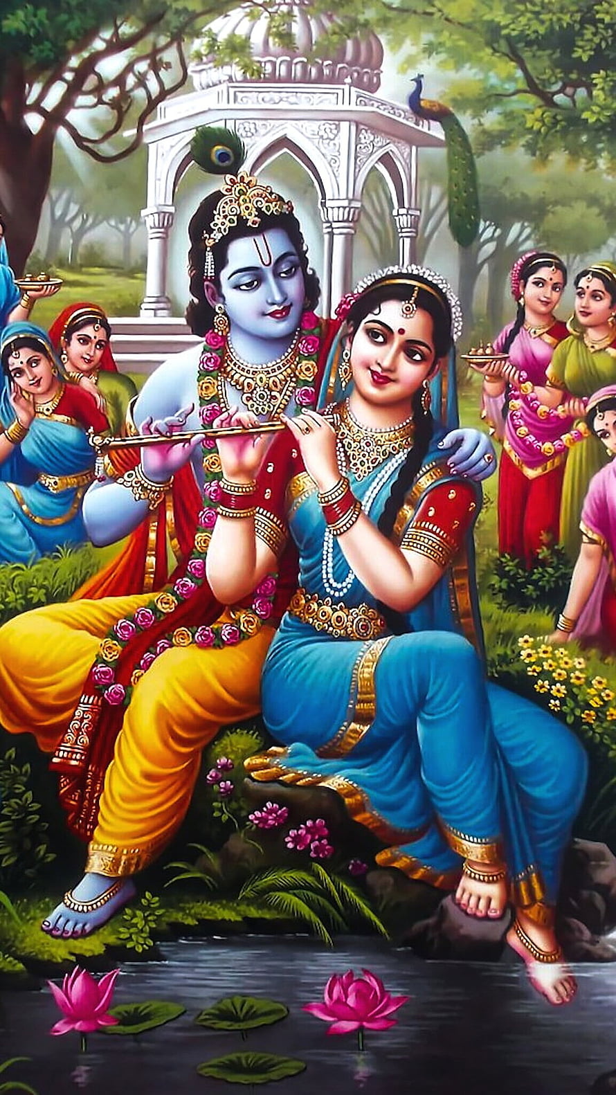 Radha Krishna Playing Flute Together in Divine Garden with Gopis and Peacocks HD phone wallpaper