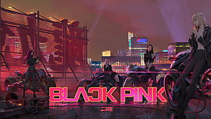 Black Pink K-Pop Group Riding Motorcycles in Neon Cyberpunk Cityscape HD wallpaper